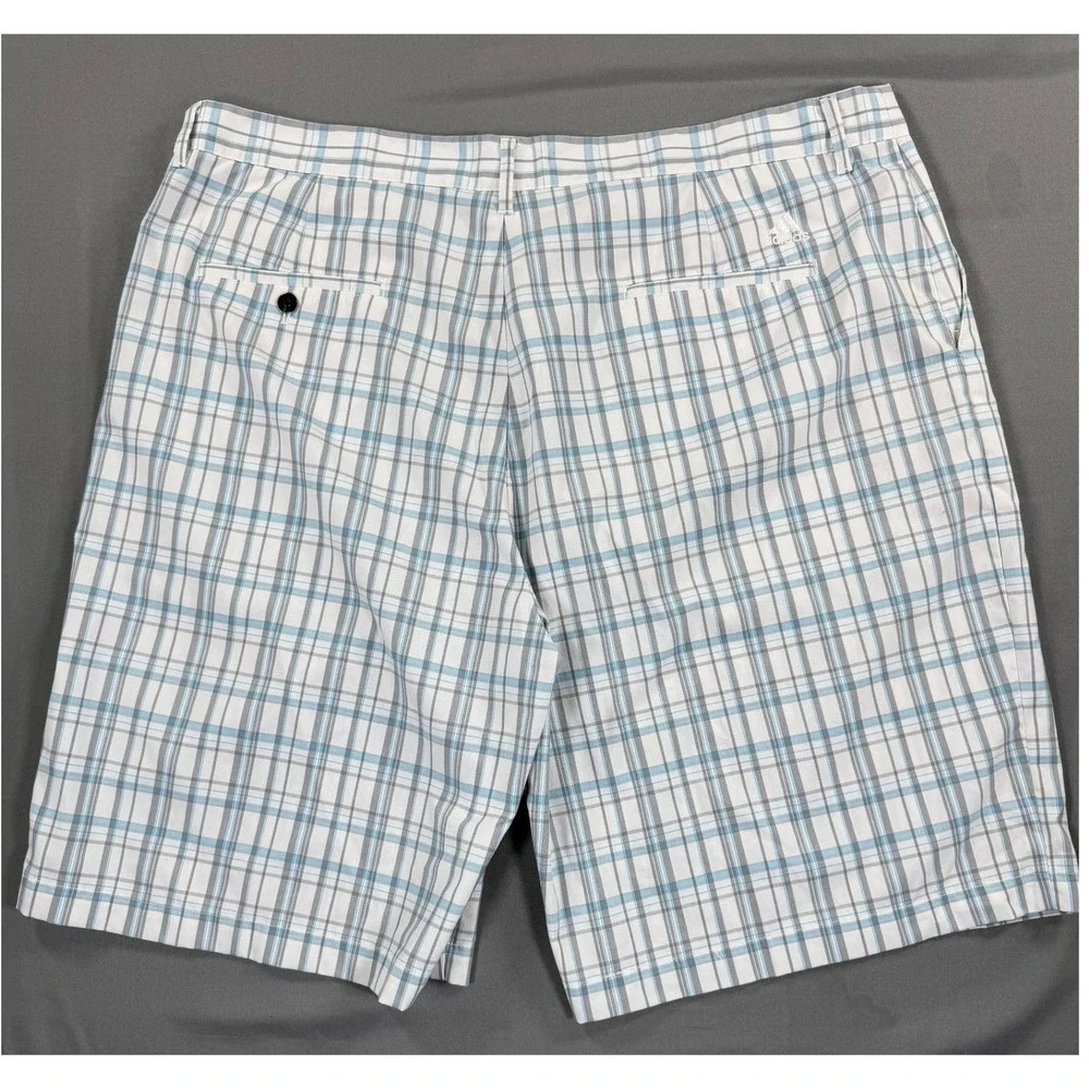 Adidas Golf Shorts Mens 42 White Blue Gray Plaid Flat Front Casual Golf 42